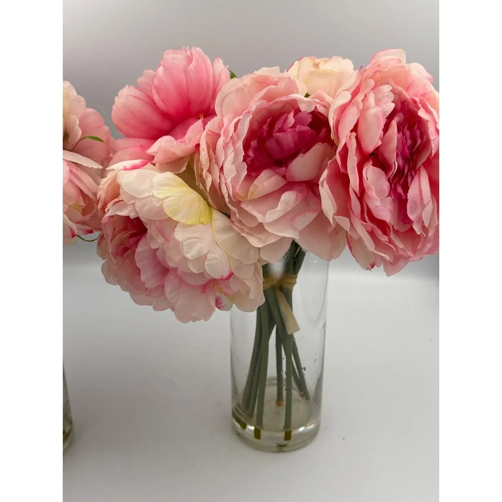 Set of 2 Faux Pink Peony Silk Flower Arrangements in Glass Vases with Faux Water